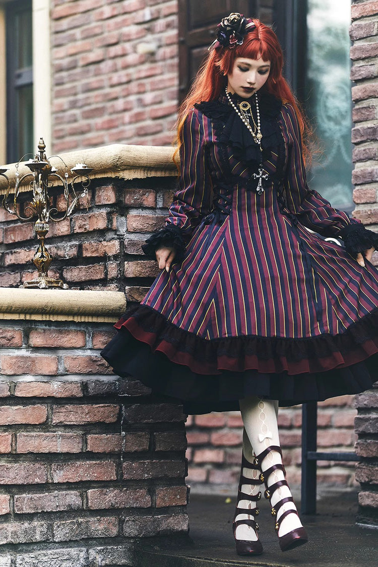 Point Manor Stand Collar Long Sleeves Multi-layer Striped Print Ruffle Gothic Lolita Dress 4 Colors - Product - 7