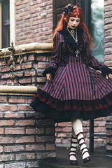 Point Manor Stand Collar Long Sleeves Multi-layer Striped Print Ruffle Gothic Lolita Dress 4 Colors - Product - 7
