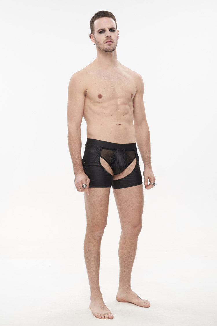Black Knit Lace Up Perspective Sexy Slim Men's Punk Shorts - Product - 3