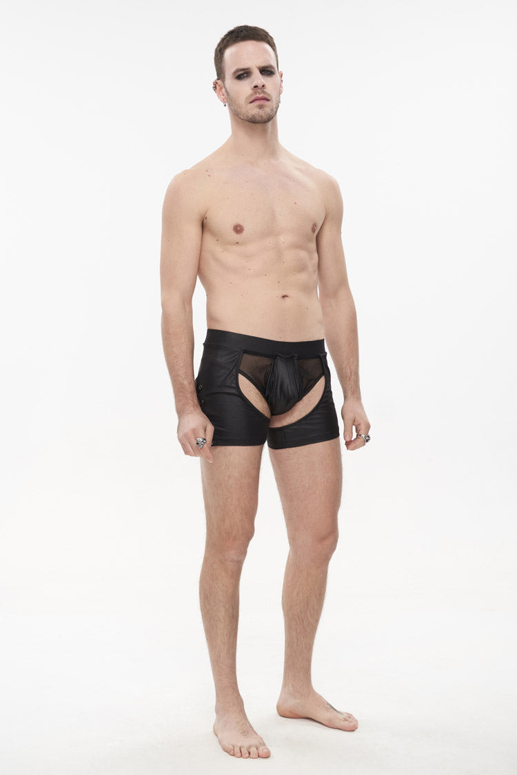 Black Knit Lace Up Perspective Sexy Slim Men's Punk Shorts - Product - 3