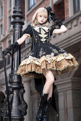 Black [Gilded Oath] Short Sleeves Double-Layered Ruffle Embroidery Bowknot Gothic Lolita Dress - Black - 1