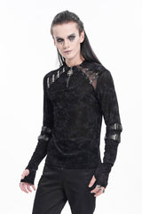 Black Round Collar Long Sleeves Buckle Star Studs Men's Gothic T-Shirt - Product - 7