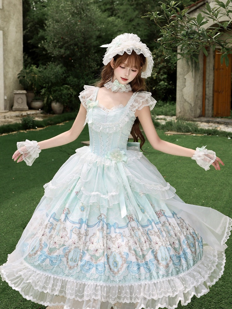 Mint green floral Lolita gown side view