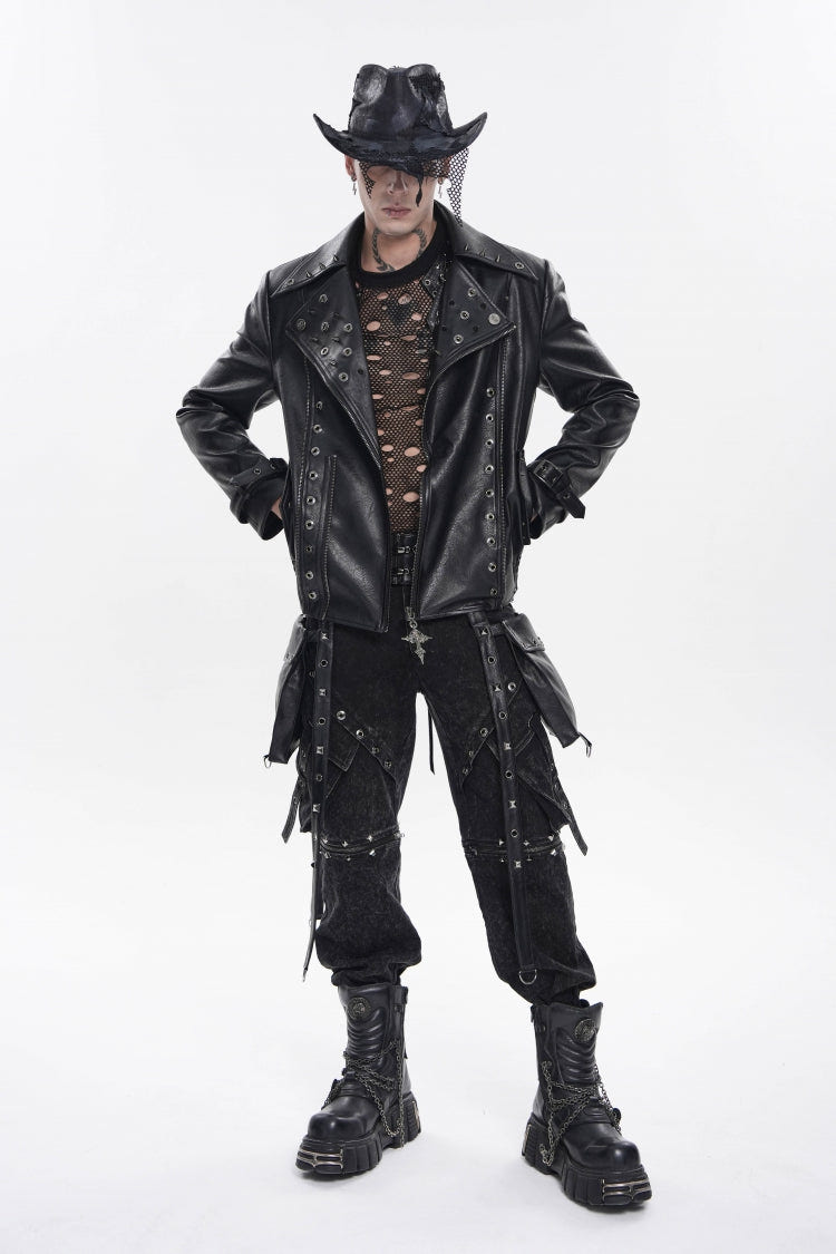 Black Lapel Collar Long Sleeves Studded Buckled Zippered Eyelet Women's Punk Jacket - Black - 1