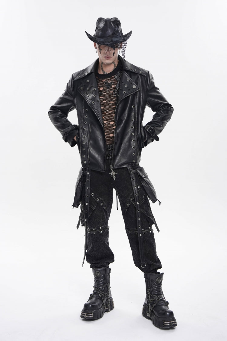 Black Lapel Collar Long Sleeves Studded Buckled Zippered Eyelet Women's Punk Jacket - Black - 1