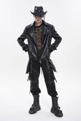 Black Lapel Collar Long Sleeves Studded Buckled Zippered Eyelet Women's Punk Jacket - Black - 1