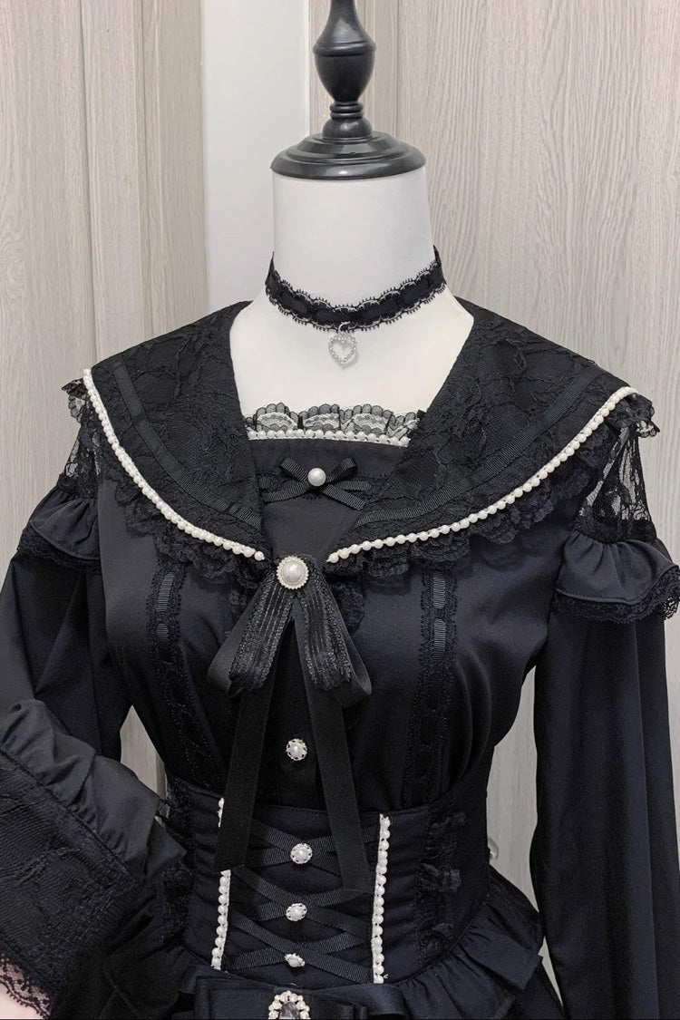 Sailor Collar Ruffle Bowknot Lace Jirai Kei Japanese Blouse 2 Colors - Black - 3