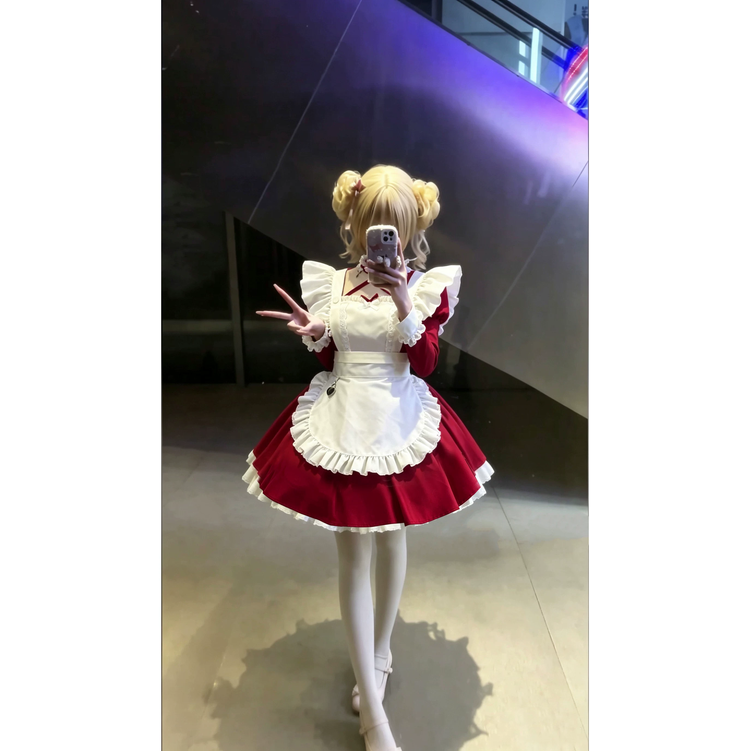 Red and Black Ruffled Maid Lolita Dress with Apron Bow Accent - view 3