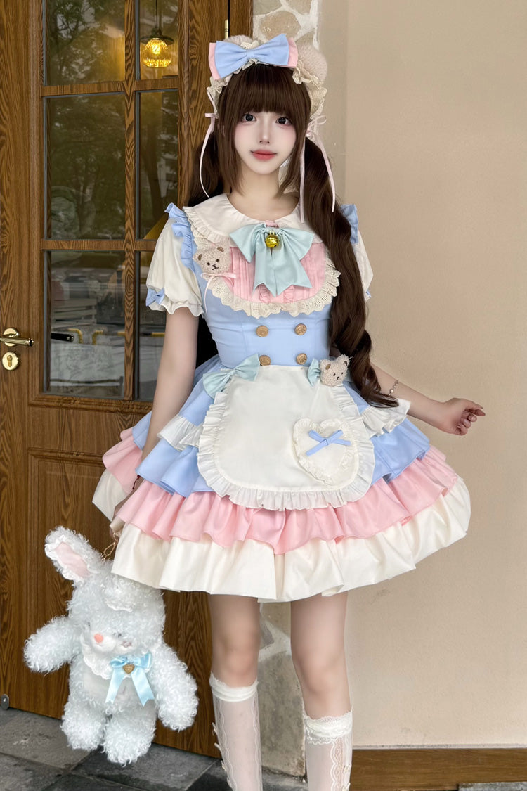 Blue/Pink [Cream Puffs] Short Puff Sleeves Triple-Layered Ruffle Bowknot Sweet Lolita Dress - Blue/Pink - 1