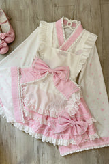Pink/White Double-Layered Ruffle Bowknot Maid Sweet Lolita Skirt Set - Product - 4