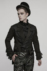 Black Lapel Collar Long Sleeves Frog Jacquard Embroidery Men's Gothic Coat - Black - 1
