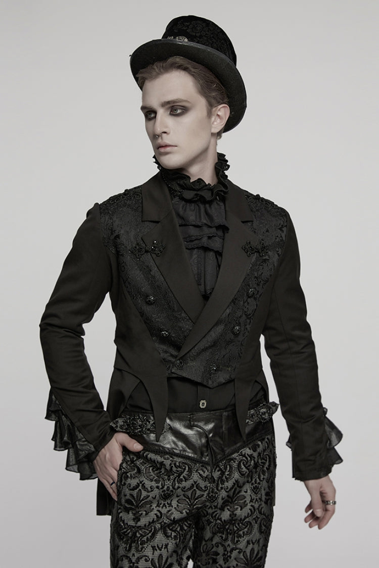 Black Lapel Collar Long Sleeves Frog Jacquard Embroidery Men's Gothic Coat - Black - 1
