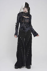 Black Stand Collar Long Sleeves Printed Spliced Lace-Up Asymmetric Buckled Women's Punk Blouse - Product - 5