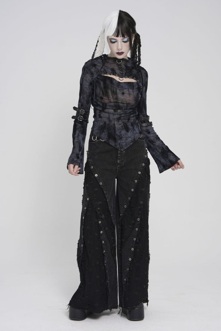 Black Stand Collar Long Sleeves Printed Spliced Lace-Up Asymmetric Buckled Women's Punk Blouse - Product - 5