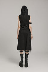 Black Side Drawstring Sleeveless Pin Decoration Hooded Womens Steampunk Long Vest - Product - 5