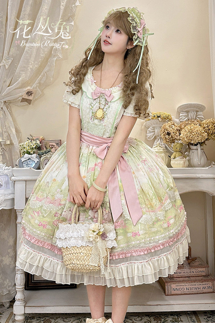 Pink/Green [Bamboo Rabbit] Peter Pan Collar Short Sleeves Printed Ruffled Embroidered Bow Sweet Lolita Dress - Product - 4