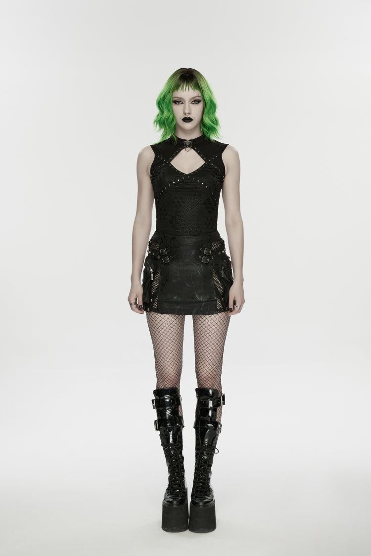 Black Sleeveless Cut-Out Ripped Studded Zippered Women's Punk Cool Vest - Product - 2