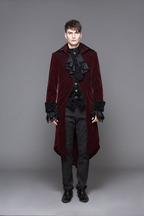 Red Party Fake Two Pieces Velvet Mens Gothic Long Coat - Product - 2