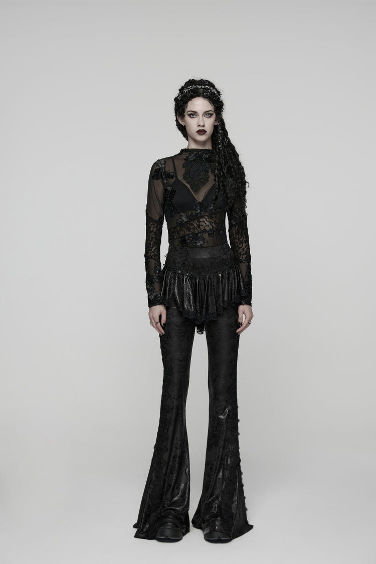 Black Printed Lace Slim Faux Two-Piece Women's Gothic Flared Pants - Product - 2