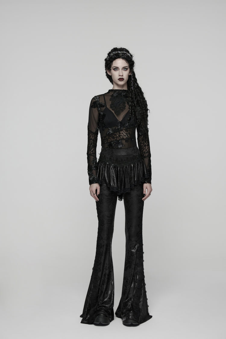 Black Printed Lace Slim Faux Two-Piece Women's Gothic Flared Pants - Product - 2