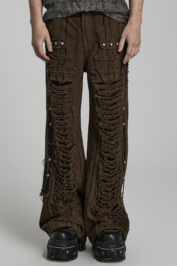 Metal Rivet Decoration Stitching Mesh Ripped Men's Steampunk Straight Pants 2 Colors - Coffee - 9