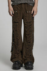 Metal Rivet Decoration Stitching Mesh Ripped Men's Steampunk Straight Pants 2 Colors - Coffee - 9