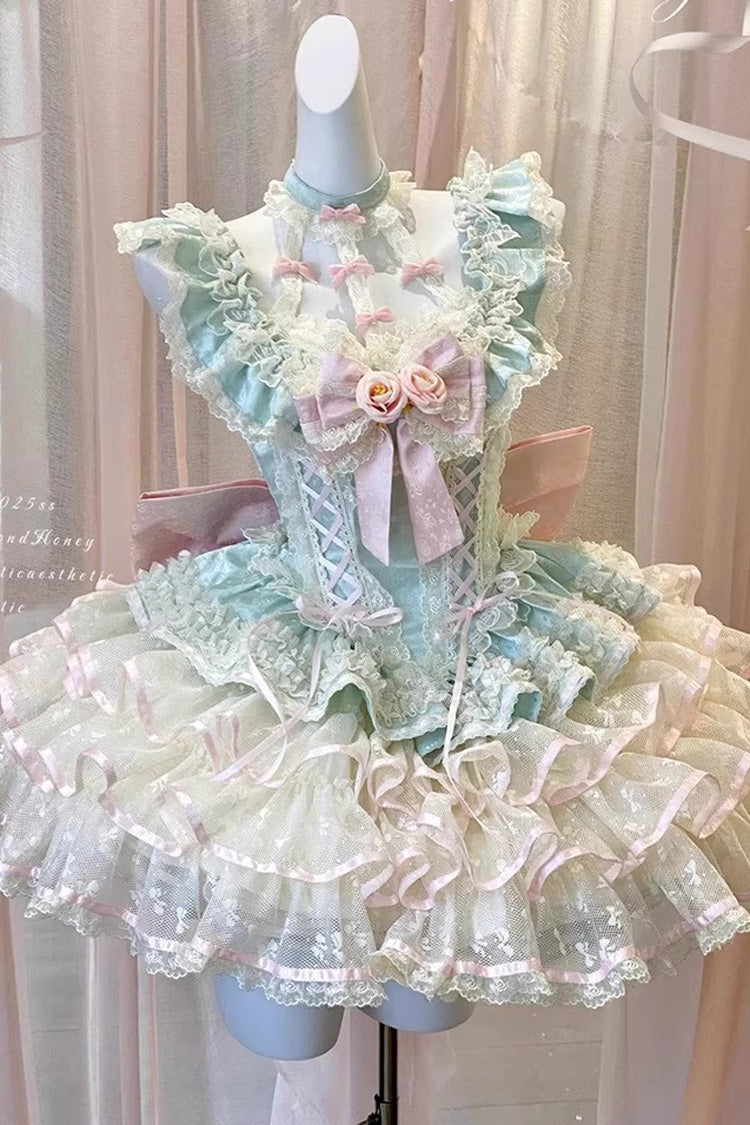 Green [Flower Language of Eros] Halterneck Multi-Layered Ruffle Bowknot Rose Lace Lace-Up Sweet Ballet Lolita Jsk Dress - Product - 3