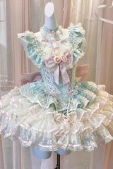 Green [Flower Language of Eros] Halterneck Multi-Layered Ruffle Bowknot Rose Lace Lace-Up Sweet Ballet Lolita Jsk Dress - Product - 3