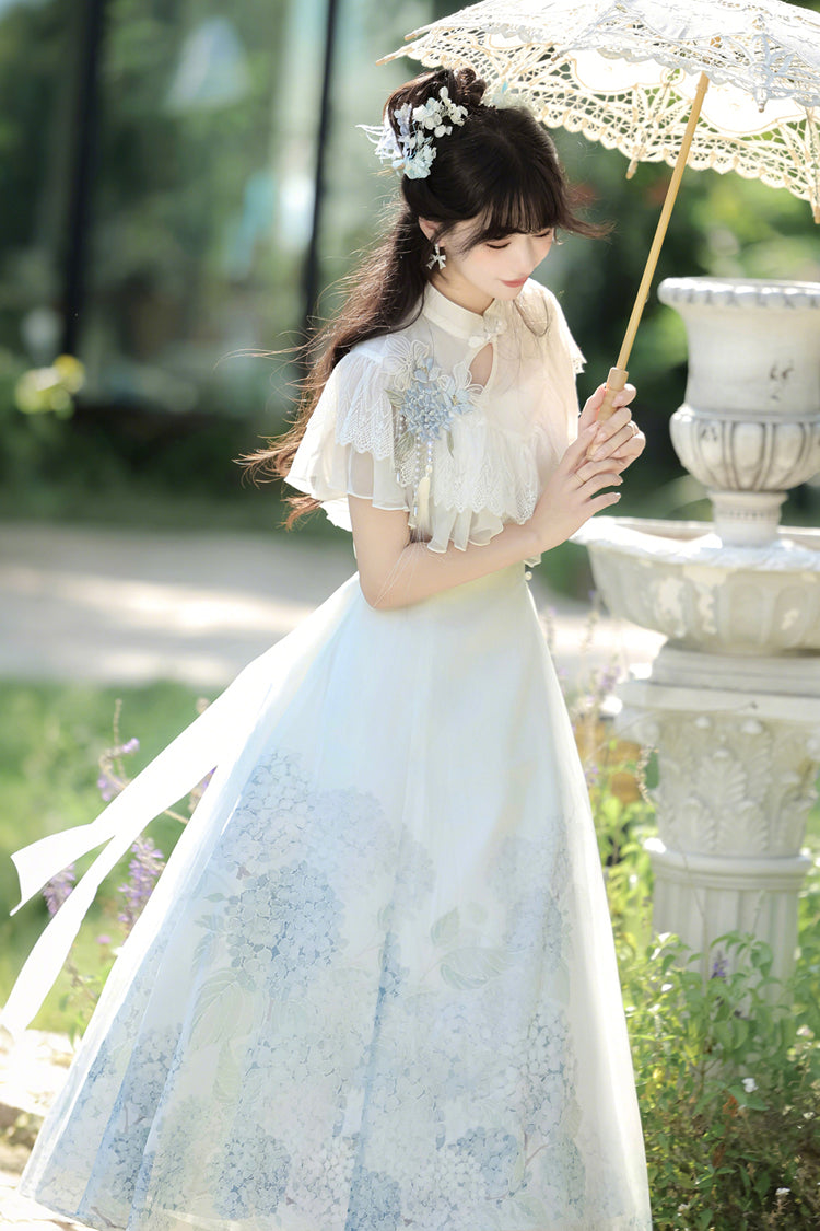 White [Hydrangea Message] Short Sleeves Print Ruffle Lace Sweet Chinese Style Elegant Lolita Dress - Product - 8