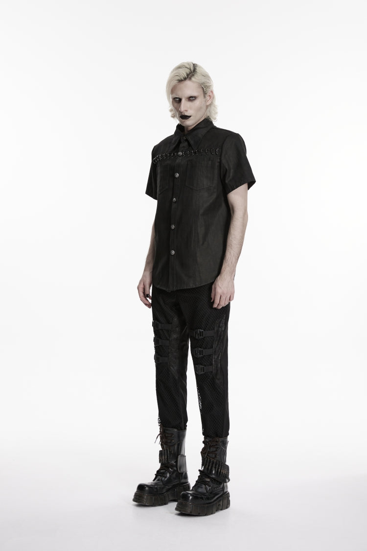 Black Rings  Lapel Collar Short Sleeves Men's Punk Shirt - Product - 2