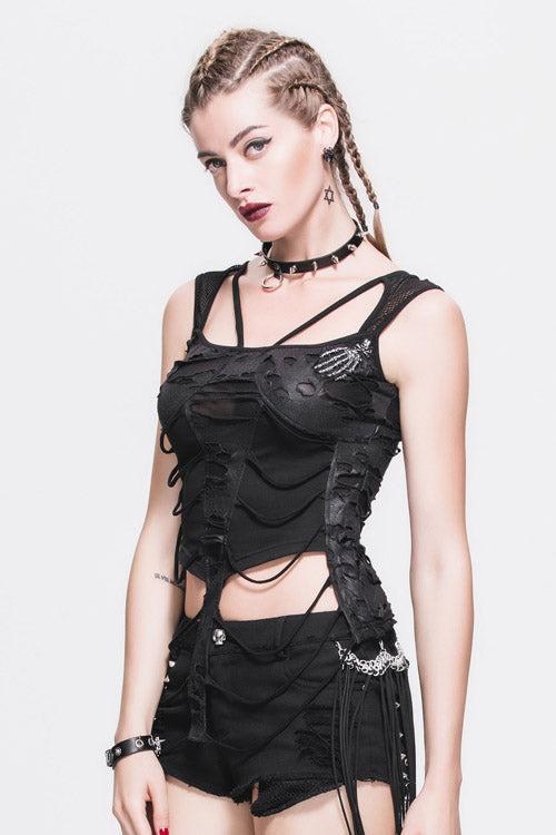 Black Sexy Torn Striped Lace Up Mesh Punk Women T-Shirt With Ghost Claw - Product - 3