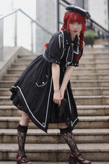 Black [Sunset Universe] Short Sleeves Cardigan Lace Gothic Military Handsome Lolita Dress Full Set - Product - 6