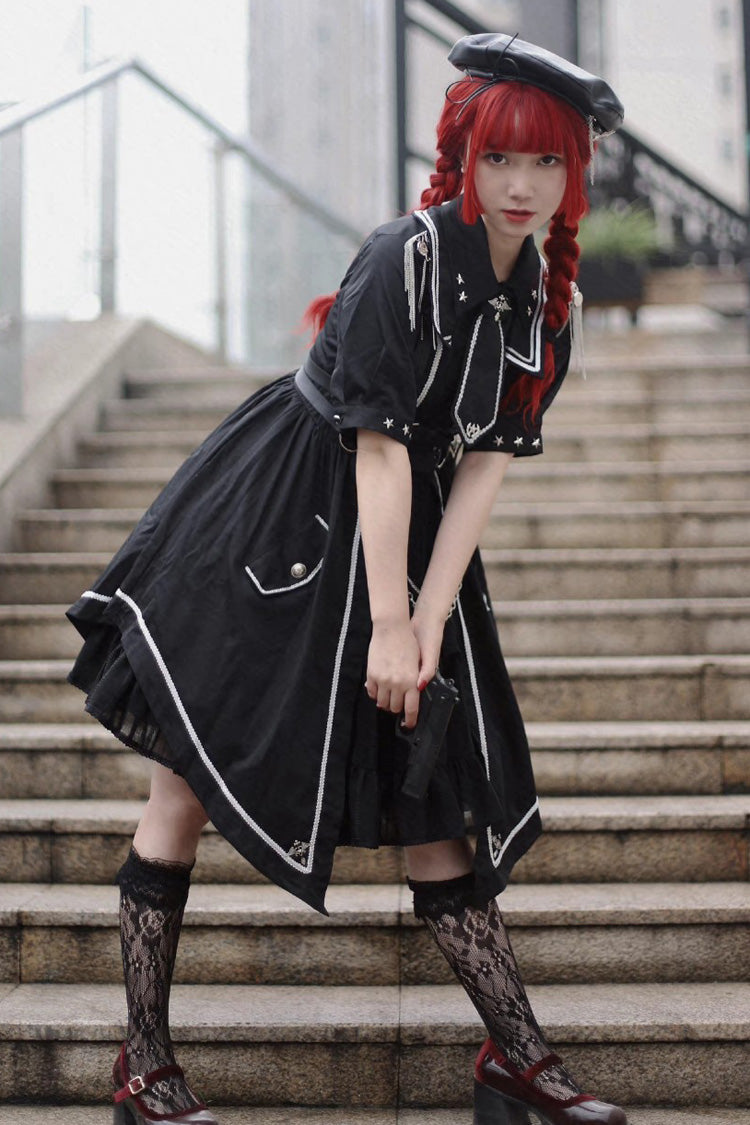 Black [Sunset Universe] Short Sleeves Cardigan Lace Gothic Military Handsome Lolita Dress Full Set - Product - 6