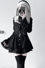 Black Long Trumpet Sleeves Ruffle Gothic Jirai Kei Japanese Dress Set 2 Colors - Black/White - 4