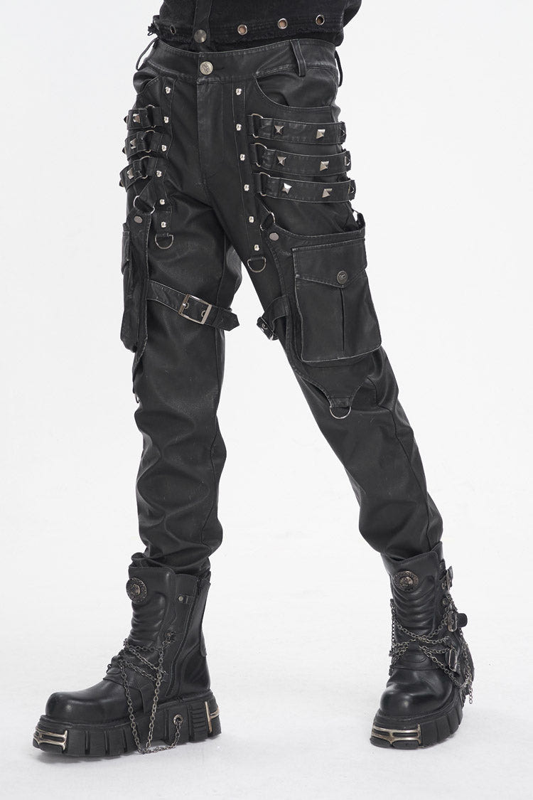 Black Big Pocket Faux Leather Men's Gothic Pants - Product - 2