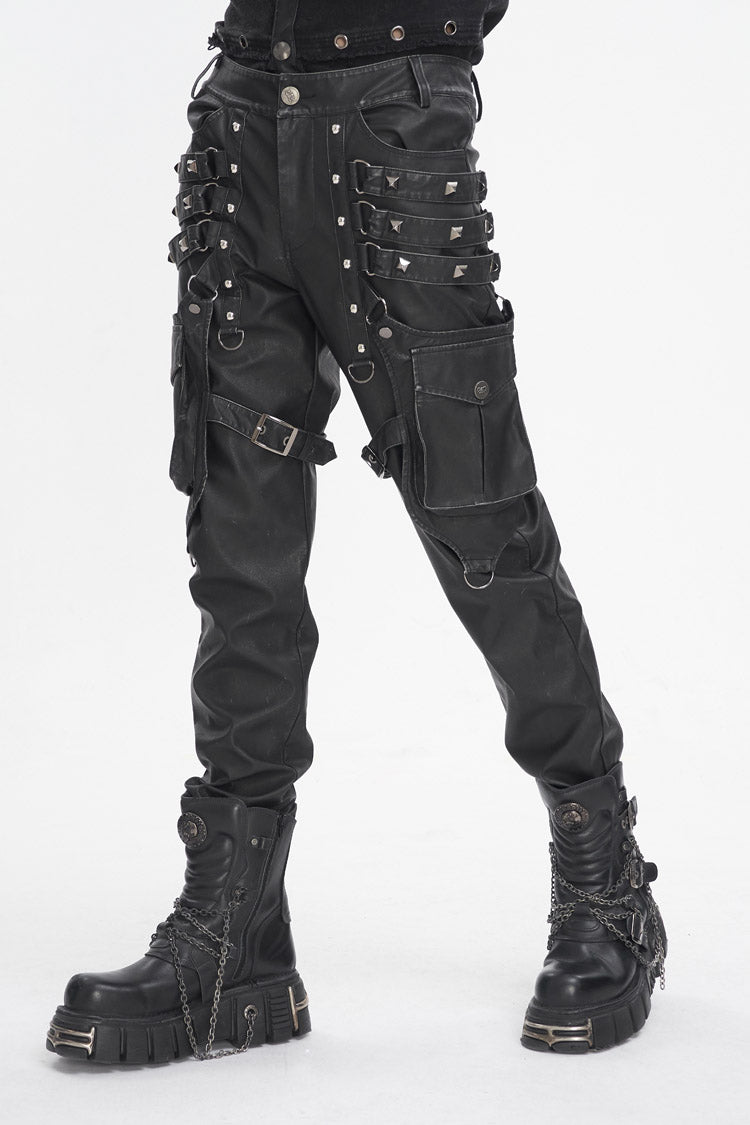 Black Big Pocket Faux Leather Men's Gothic Pants - Product - 2