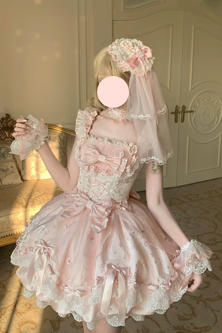 Pink [Sakura Bunny Ballad] Square Collar Flutter Sleeves Jacquard Ruffled Bow Lace Sweet Elegant Luxurious Short Lolita Jsk Dress - Product - 2