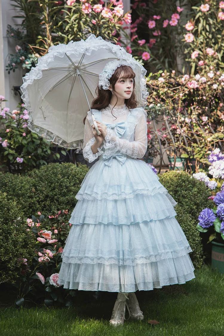 Blue [Aegean] Square Collar Flutter Sleeves Multi-Layered Ruffled Bow Sweet Lolita Jsk Dress Set - Blue(Set) - 1