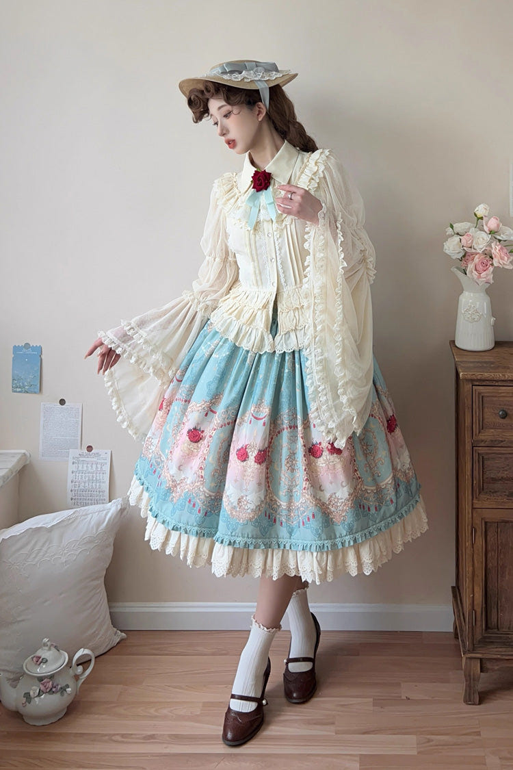 Blue [Moonlit Garden Secret] Print Ruffle Embroidery Lace Sweet Elegant Palace Lolita Skirt - Product - 2