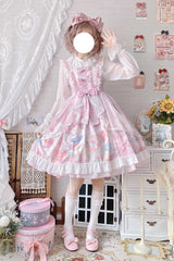 Pink Sleeveless High Waisted Rabbit Print Ruffle Bowknot Sweet Lolita Jsk Dress - Product - 4
