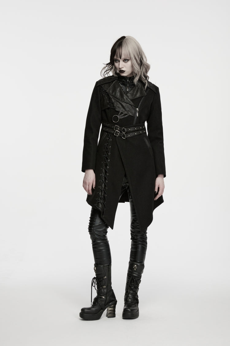 Black Lapel Collar Long Sleeves Patchwork Lace-Up Asymmetric Buckled Women's Punk Cool Coat - Product - 7