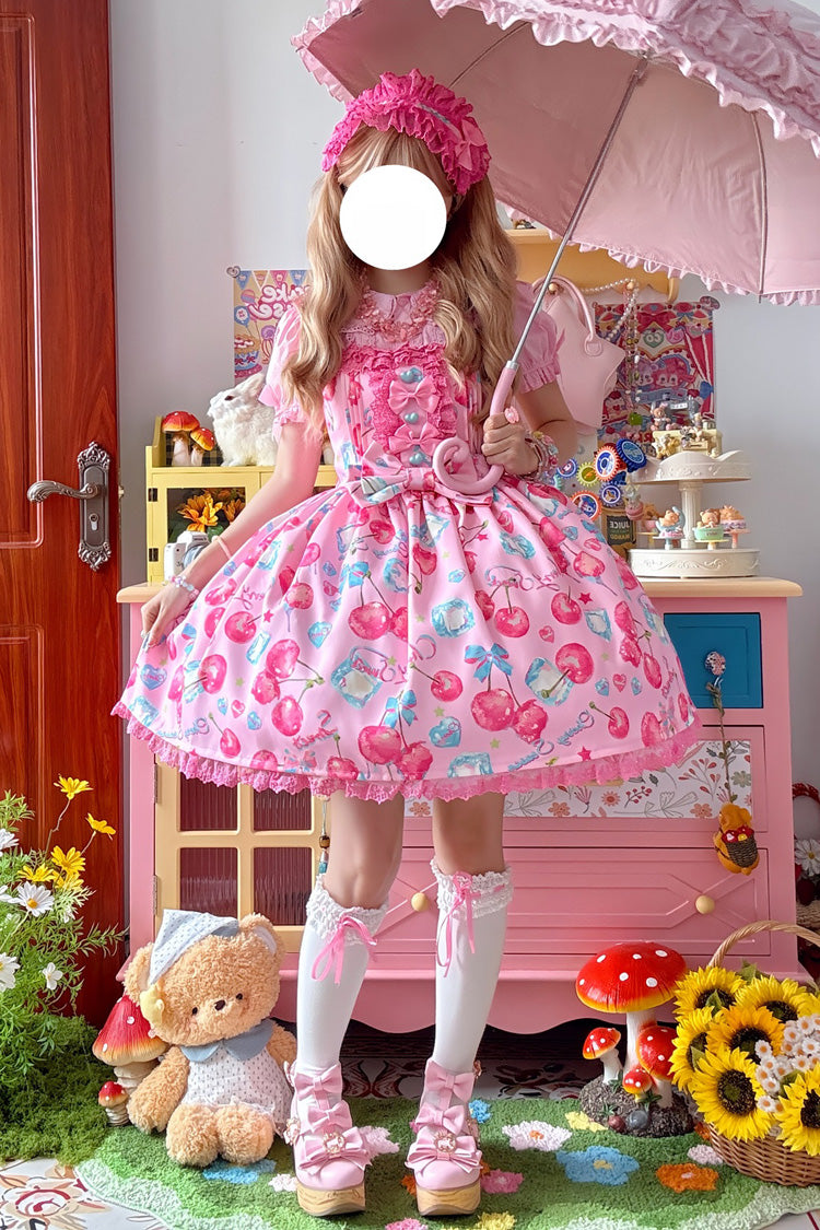 Pink [Cherry Sweet Ice] Print Ruffle Bowknot Lace Sweet Lolita Jsk Dress - Product - 4