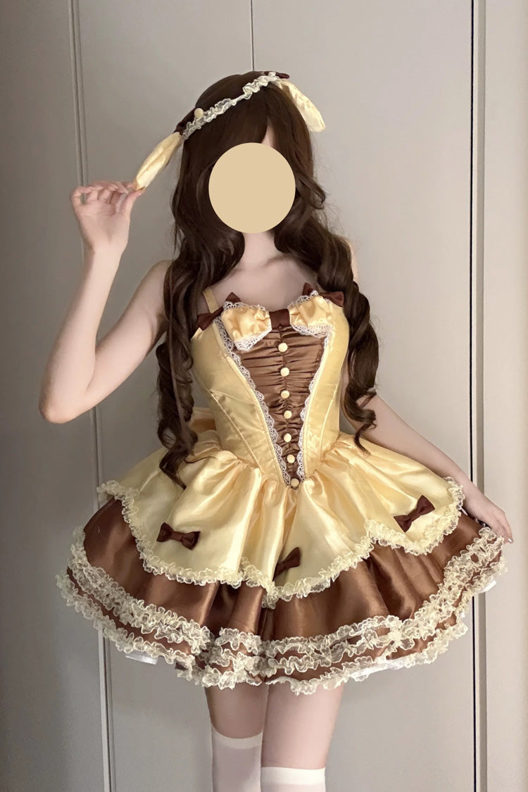 Brown [Jasmine Rain] Square Collar Sleeveless Triple-Layered Polka Dot Printed Ruffled Bow Lace Sweet Lolita Jsk Dress - Product - 3