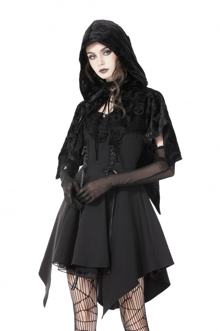 Black Skull Printed Front Lace-Up Women's Gothic Velvet Cape with Hood - Black - 1