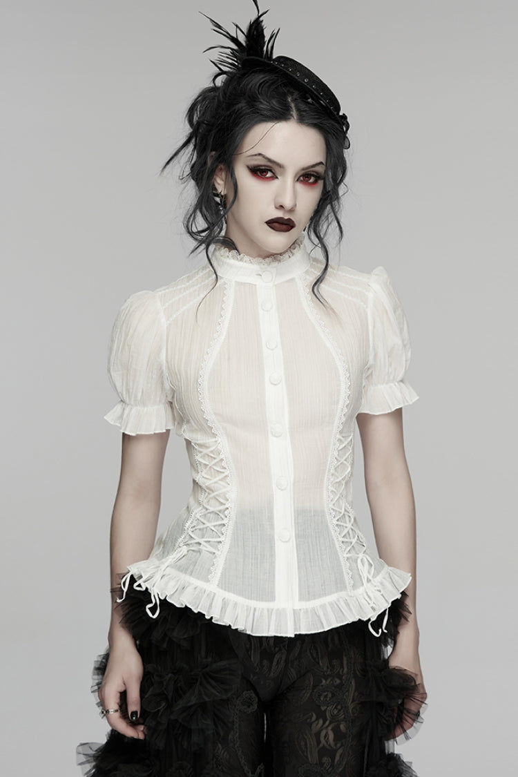 White Stand Collar Short Puff Sleeves Ruffled Lace-Up Women's Gothic Blouse - White - 1