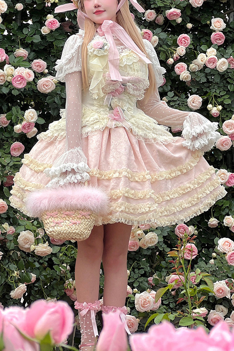 Pink/Yellow Dream Lace Romantic Bowknot Princess Sweet Lolita Skirt Dress - Pink - 1