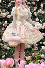 Pink/Yellow Dream Lace Romantic Bowknot Princess Sweet Lolita Skirt Dress - Pink - 1