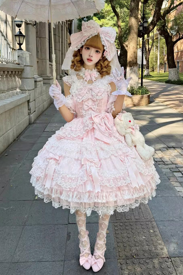 Pink Dream of the Misty Moon Sleeveless Multi-Layered Ruffled Bow Lace Pearl-Decorated Sweet Princess (Dress Only) detail view 3