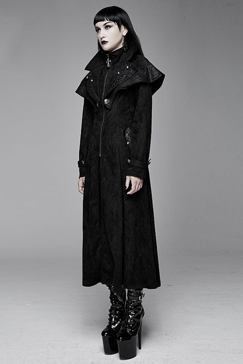 Black Hand Embroidered Big Shawl Collar Zipper Up Long Womens Gothic Coat - Product - 2