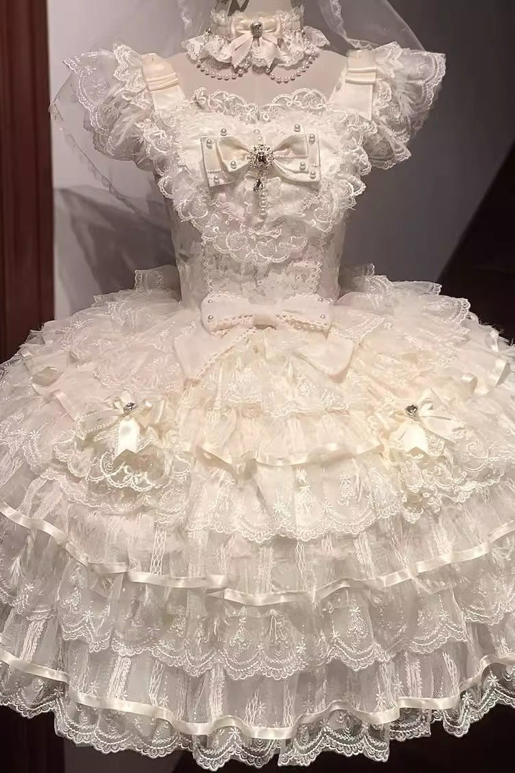 Apricot [Ballad of Feathers] Sleeveless Multi-Layered Ruffle Hanayome Bowknot Sweet Lolita Jsk Dress - Product - 8